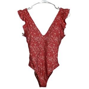 Summersalt 2 Red Ditzy Floral Ruffle Plunge One Piece Swimsuit Summer Beach F17